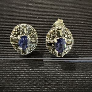 Blingy 925 Silver Earrings Purple & Grey Stones New